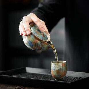 雏菊绘釉下彩手抓单壶汝窑冰裂釉壶瓷中式泡茶壶宝汝瓶手仿240120