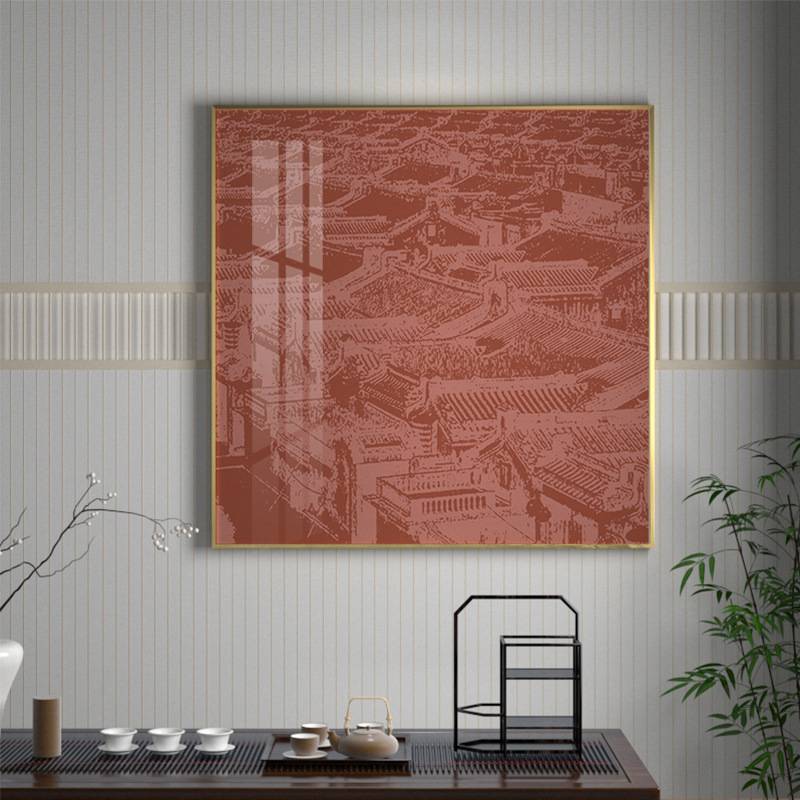 新中式装饰画红色建筑群古典艺术轻奢客厅沙发墙玄关壁画方形挂画图片