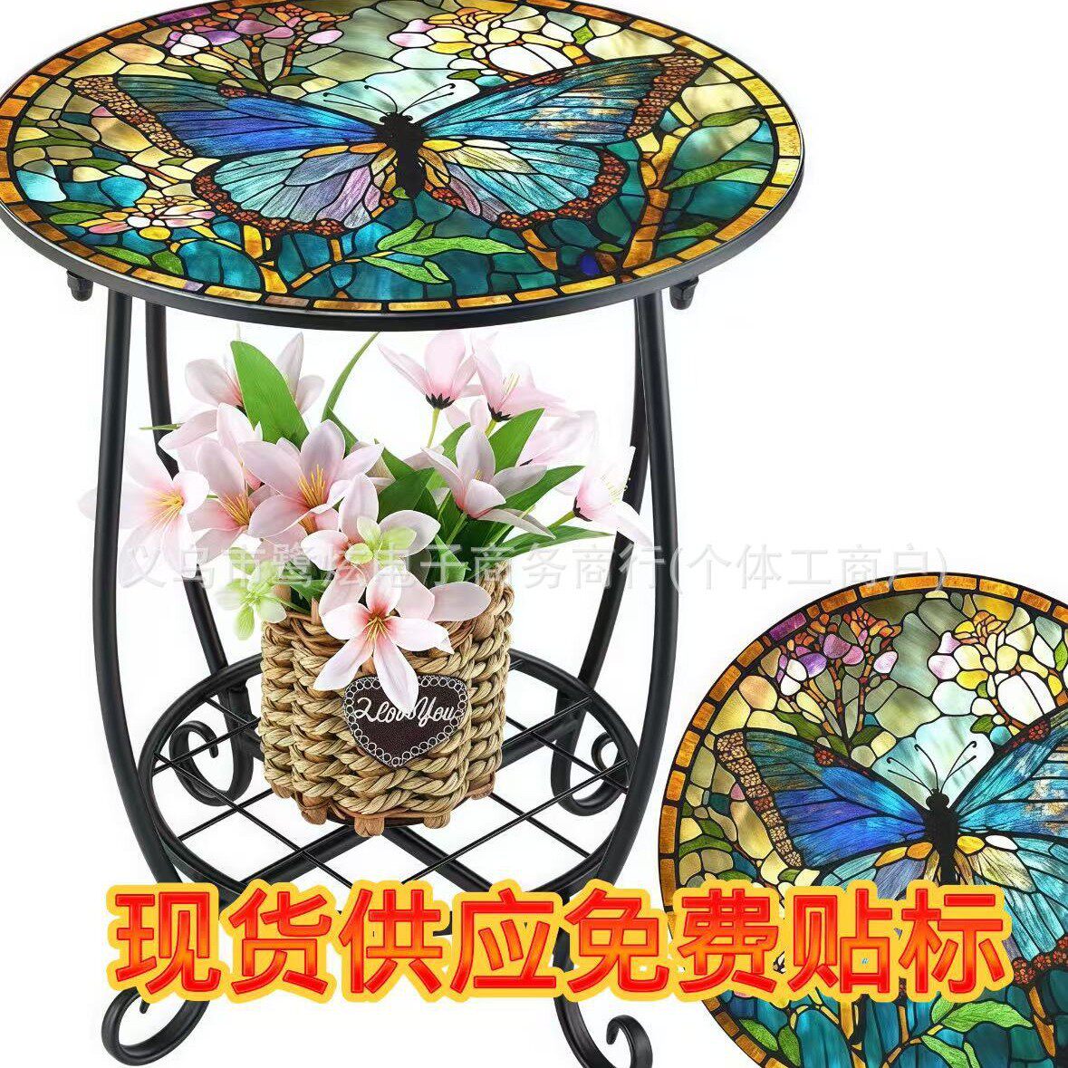 欧式创意小鸟蝴蝶圆形马赛克铁艺花架室内外阳台花园花盆架小桌子
