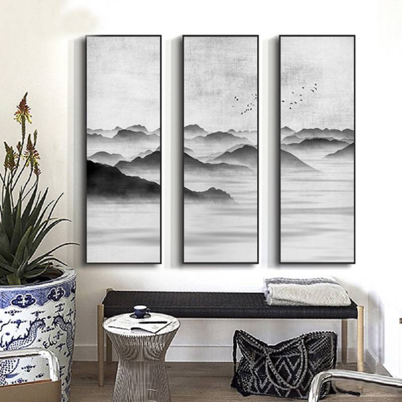 新中式山水风景画黑白水墨挂画现代简约玄关装饰画竖版三联画走廊图片