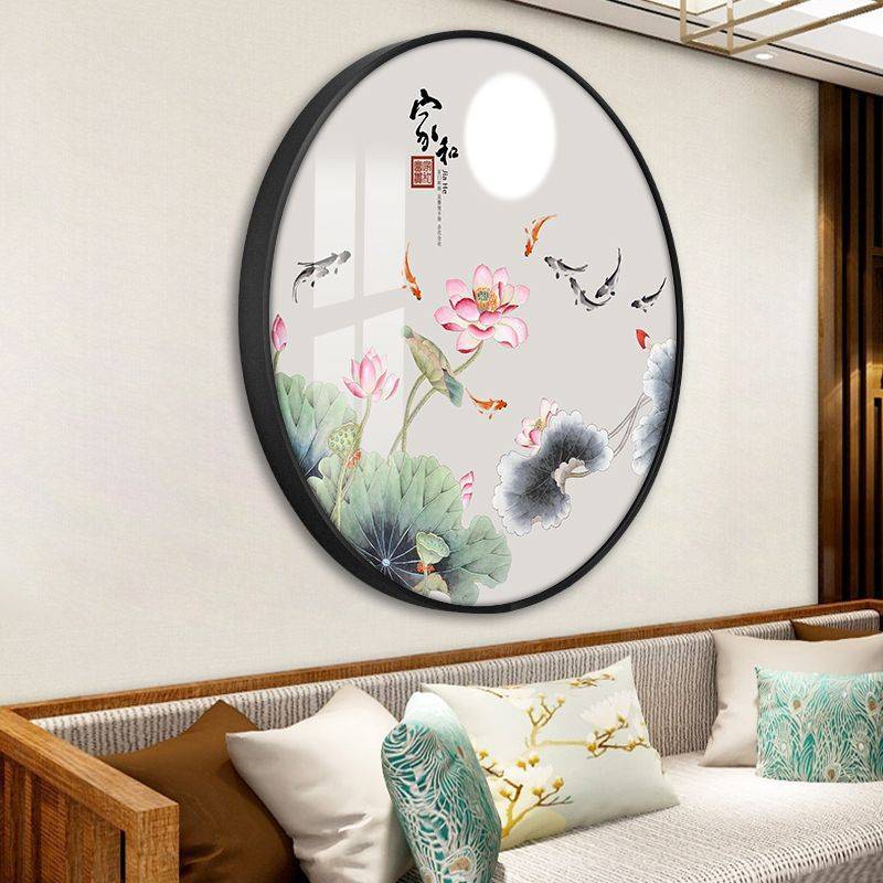 新中式圆形玄关酒店走廊过道九鱼图寓意好进门挂画锦鲤装饰画图片