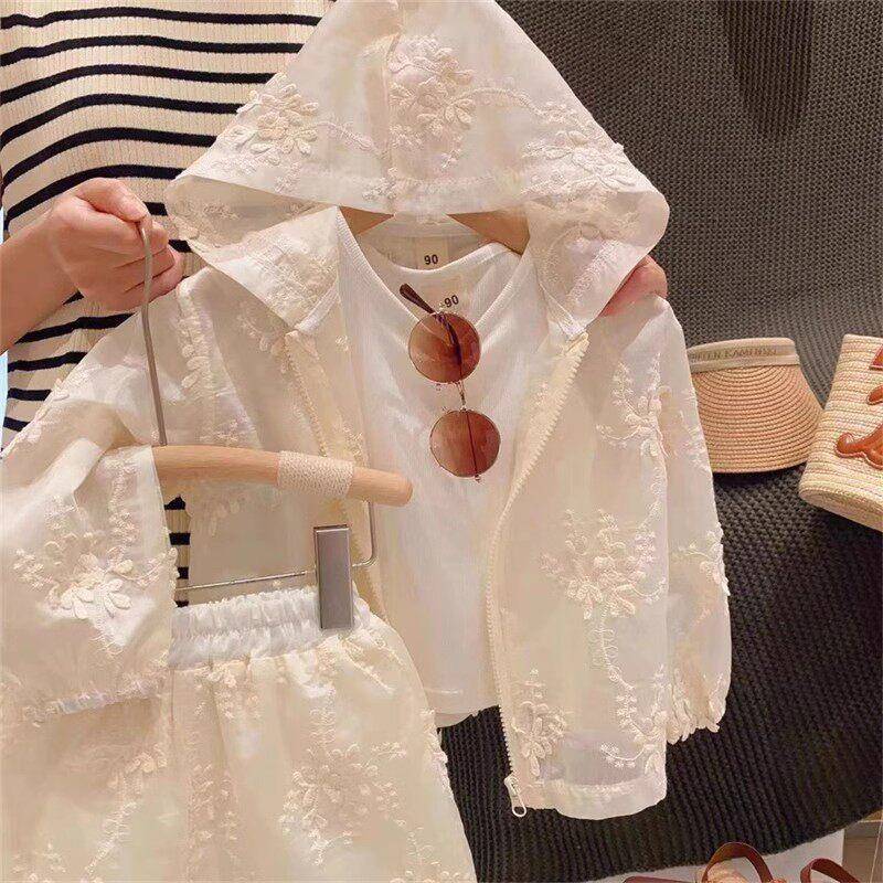 韩版新品4女童蕾三丝刺绣连帽防晒NLI外短裤背心件套20套2夏装套