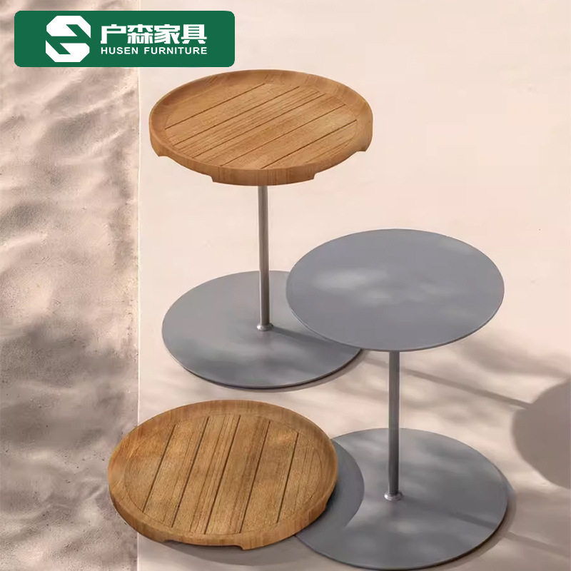 轻奢户外大理石实木藤编圆茶几
