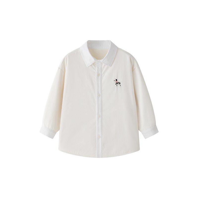 虾酱麻麻男童加绒白衬衫秋冬款2024新款宝宝卡通刺绣儿童长袖衬衣