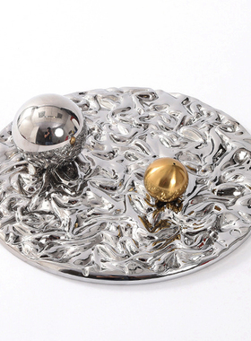 现代极简意式样板间客厅桌面摆件透明银色水波纹皱褶圆形玻璃托盘