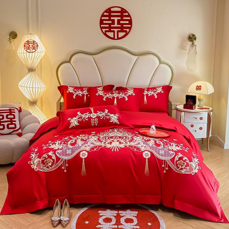 中式结婚四件套全棉2024新款刺绣被套大红色床单婚庆床品