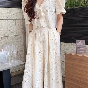 套装 韩国chic夏季 压褶阔腿长裤 宫廷风刺绣镂空提花系带衬衫 法式