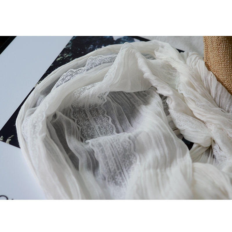 夏季细长窄小纯棉围巾女 薄款褶皱蕾丝春秋轻薄装饰护颈透气纱巾