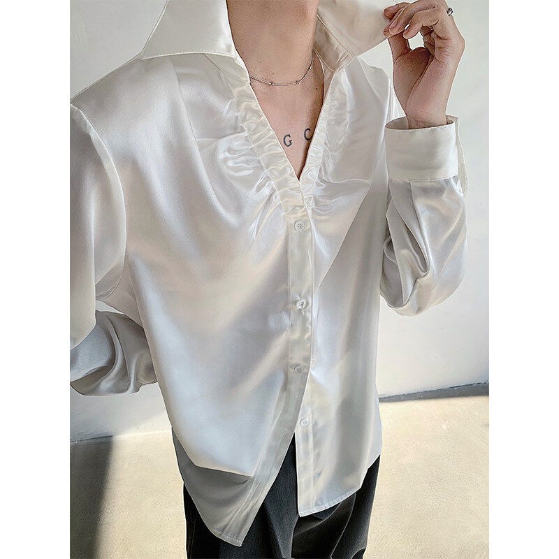 春夏法式V领抽褶亮面醋酸丝滑衬衫男长袖设计感气质网红衬衣时尚