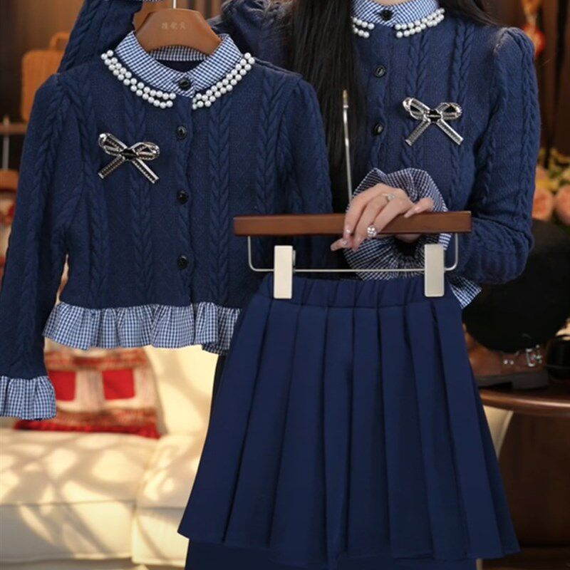 亲子装秋装新款百搭假两件拼接长袖显瘦木耳边母女气质套装