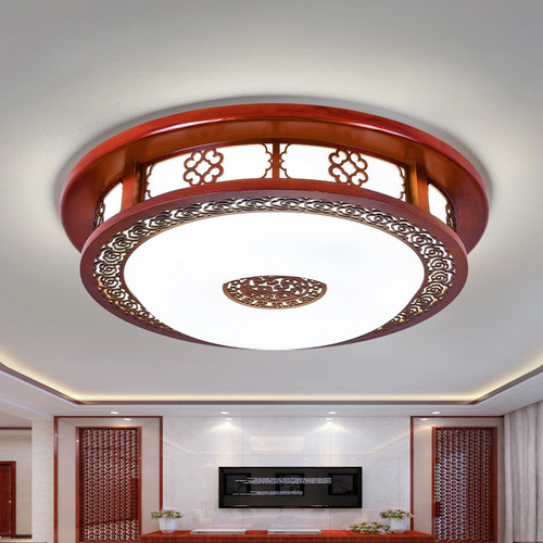 中式吸顶灯led实木卧室灯仿古圆形橡木书房走廊阳台灯具灯饰