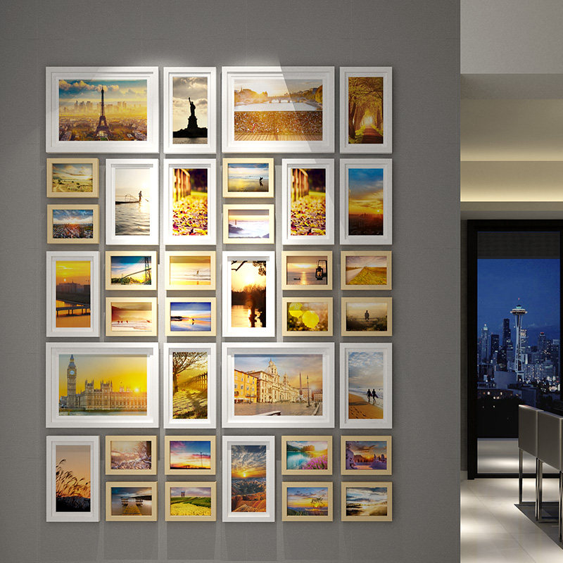现代简约照片墙实木竖式玄关 过道相框墙客厅挂墙装饰企业文化墙