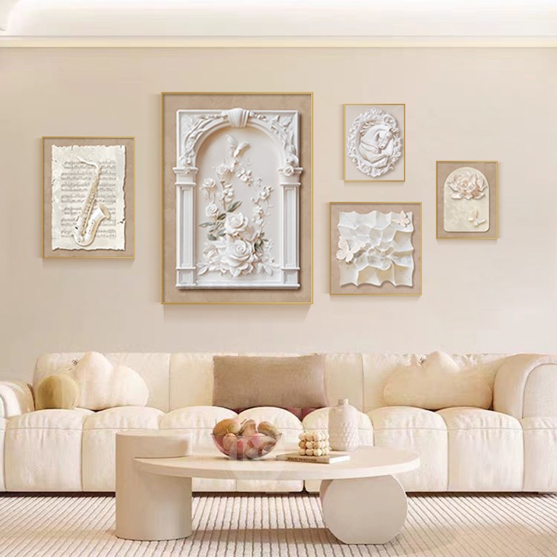 法式奶油风沙发背景墙装饰画高级客厅卧室挂画立体感花卉肌理壁画图片