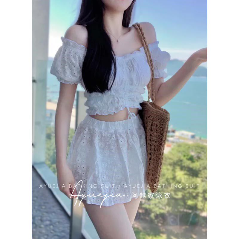 泳衣女2024年新款高级感分体泡温泉半袖裙式遮肚显瘦度假度假游泳