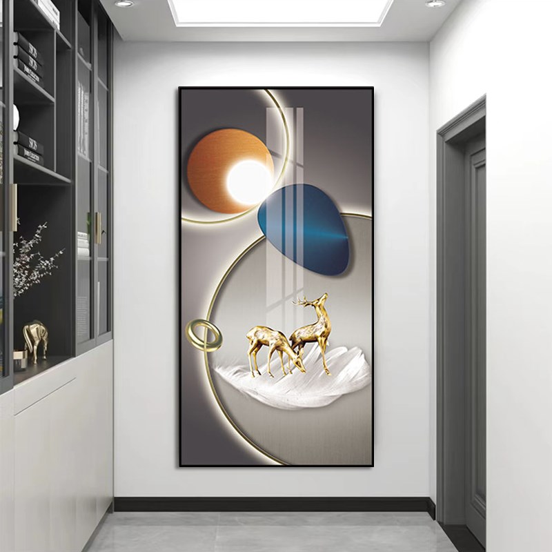 入户玄关装饰画立体镶钻晶瓷画现代走廊过道楼铝合金梯挂画抽象鹿图片