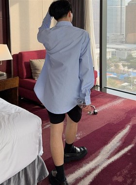 大富2025新款手工缝制立体链条珠花长袖衬衫男宽松蓝色条纹衬衣潮