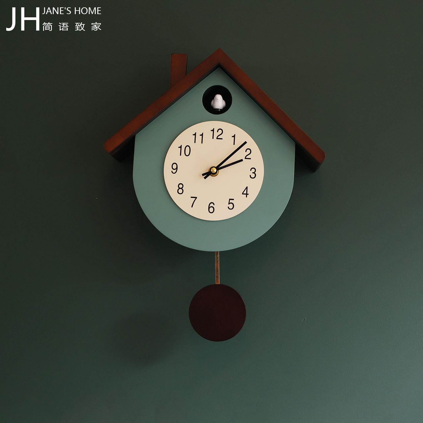 北欧创意高级感实木报时挂钟客厅钟表挂墙创意小鸟咕咕钟中古摆钟