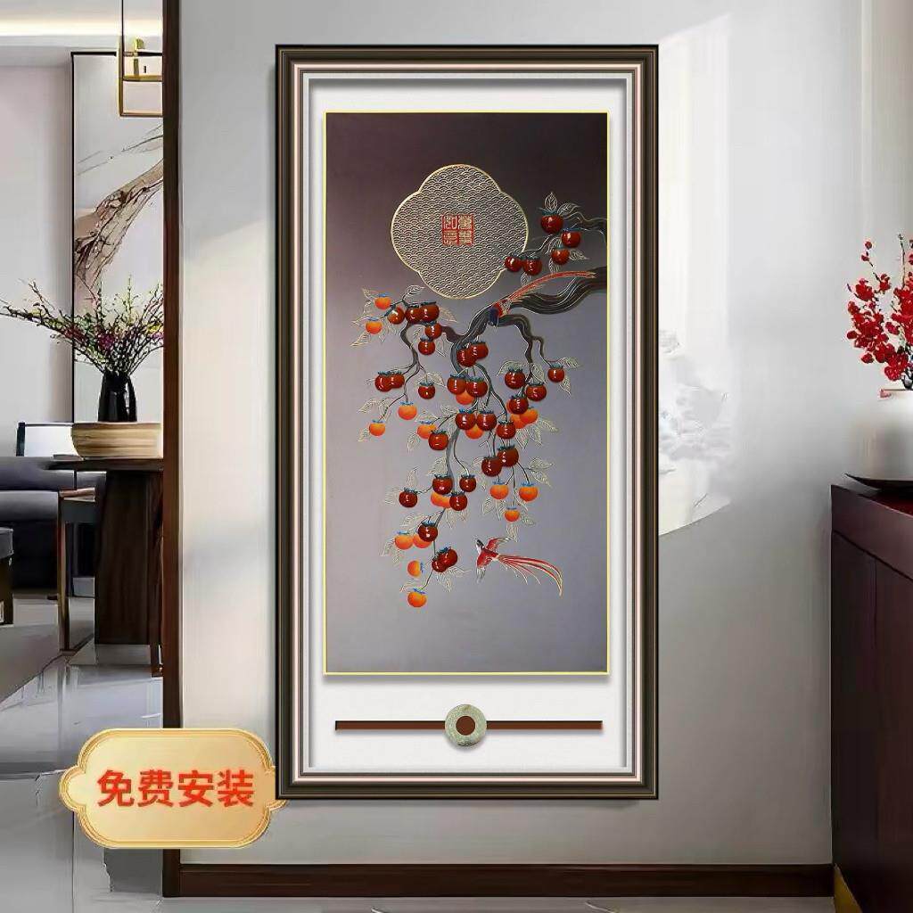 黄铜板手工雕刻装饰画玄关走廊新中式非遗铜镶玉竖版事事如意挂画