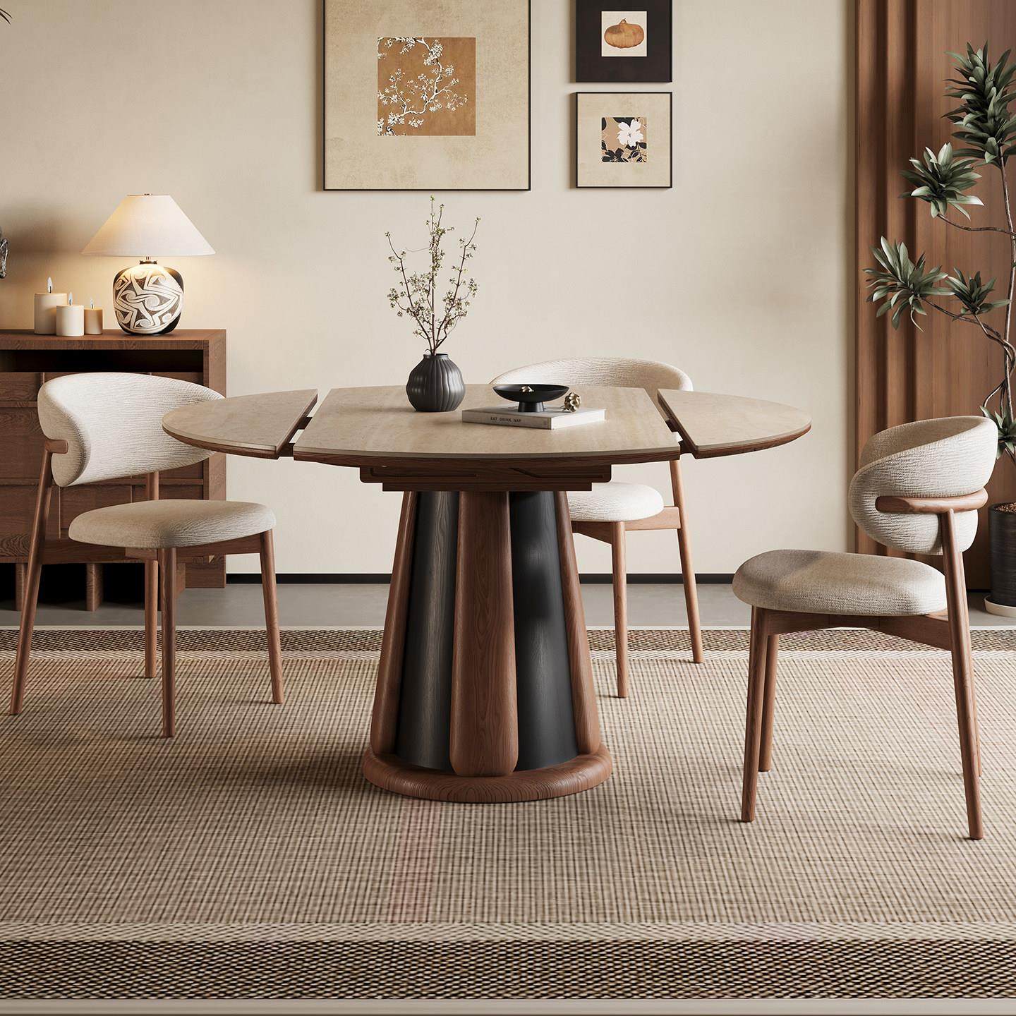 中古风洞石岩板餐桌可伸缩方圆两用北欧实木可变圆桌家用覆古饭桌