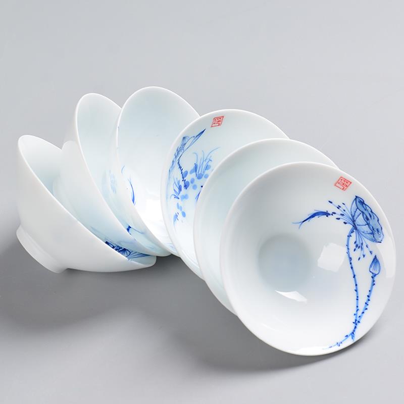 白瓷薄胎青花瓷手绘陶瓷茶杯荷花小鱼斗笠杯大号纯手绘功夫茶包邮