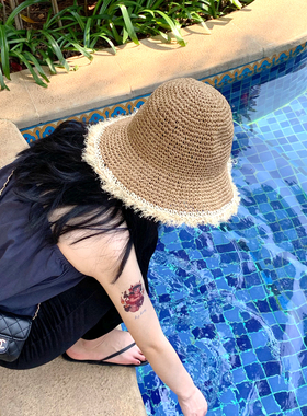 休闲!可折叠韩版大檐草帽女夏季出游海边沙滩帽子毛边百搭遮阳帽