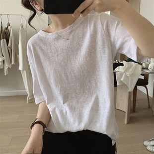 打底衫 简约减龄短袖 基础款 上衣 薄款 g夏季 亚麻t恤女式 宽松显瘦韩版