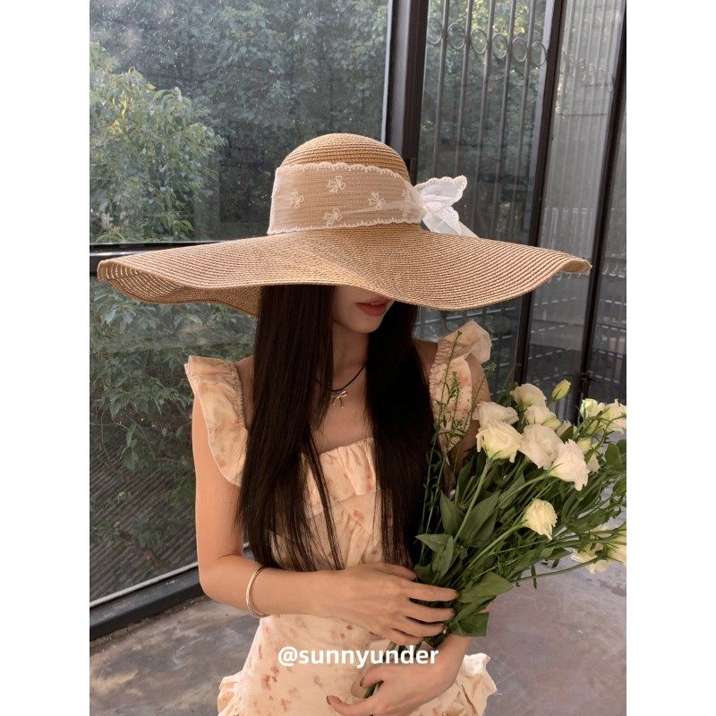 超大帽檐法式草帽女夏天海边沙滩帽子可卷边凹造型遮阳度假太阳帽
