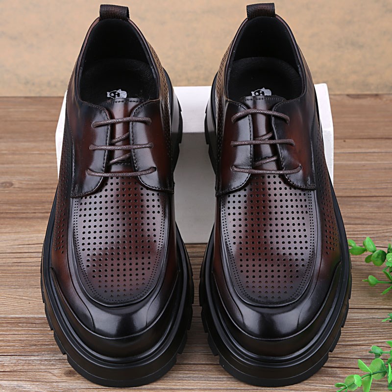 夏季男凉鞋厚底真皮商务休闲皮鞋洞洞鞋镂空透气大头皮鞋系带棕色