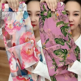 休閑褲 夏季 女士沙灘褲 亞麻寬松r薄款 高腰百搭雪紡印花闊腿空調褲
