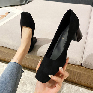 2023新款秋冬百搭通勤法式气质方头粗跟高跟鞋黑色绒面单鞋女中跟