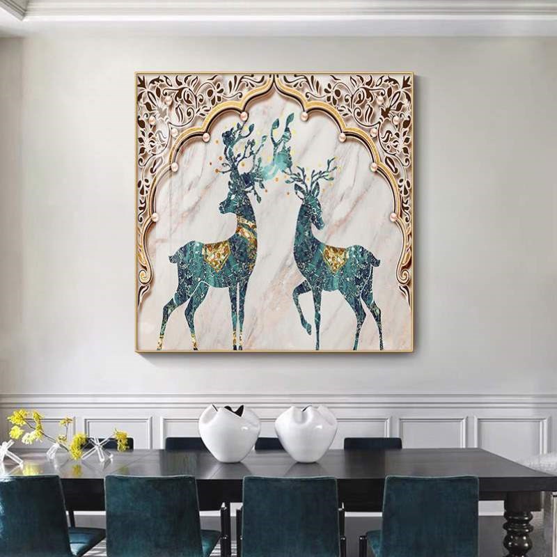 挂画简约c门厅餐桌背景墙玄关轻奢麋鹿饭厅餐厅现代装饰画饭店壁图片