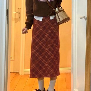 复古格纹半身裙女春季新款胖妹妹mm高腰遮胯显瘦中长款毛呢a字裙