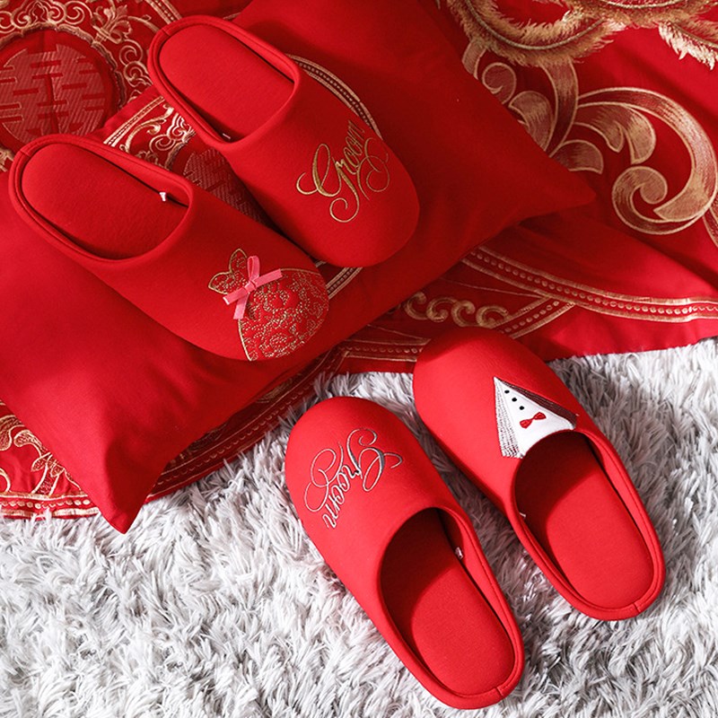 春秋冬四季红色喜庆婚庆结婚棉拖鞋室内家用木地板静音防滑情侣鞋
