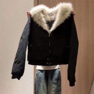 新款 秋冬季 韩系复古毛领连帽牛仔棉服女学生N宽松夹棉加厚夹克外