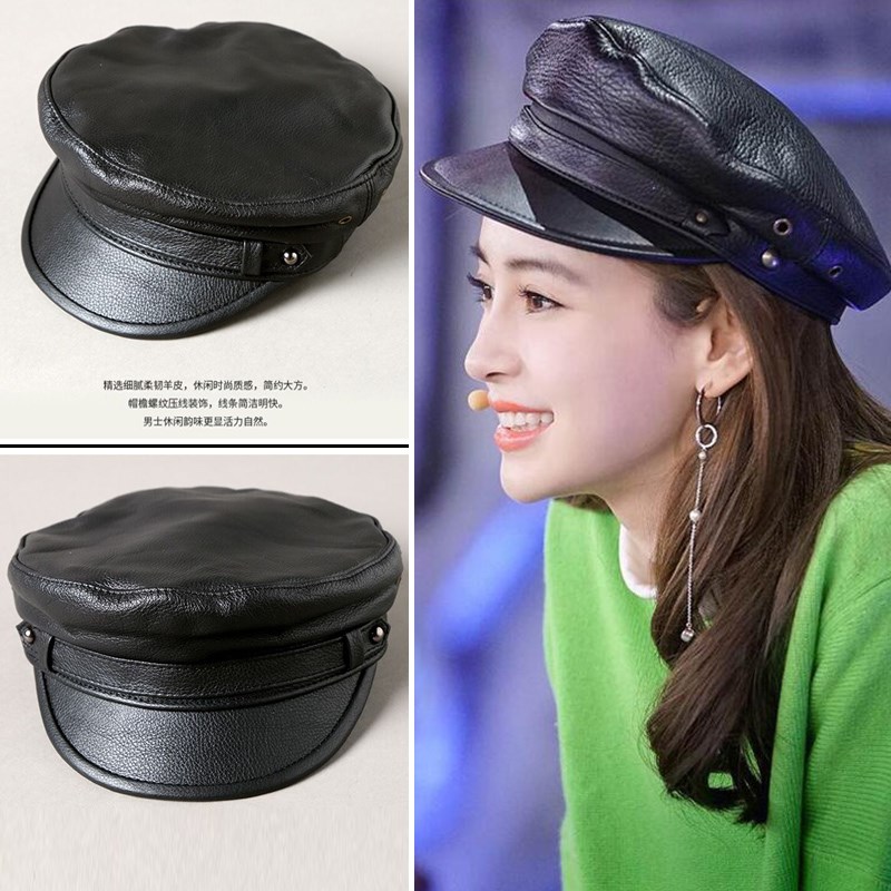 真皮帽子男女羊皮韩版潮青年中老年秋冬季N机车鸭舌平顶帽报童帽
