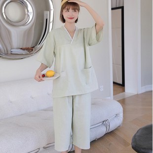汗蒸服女款亚麻七分裤情侣家居服睡衣男款桑拿服洗浴服按摩服