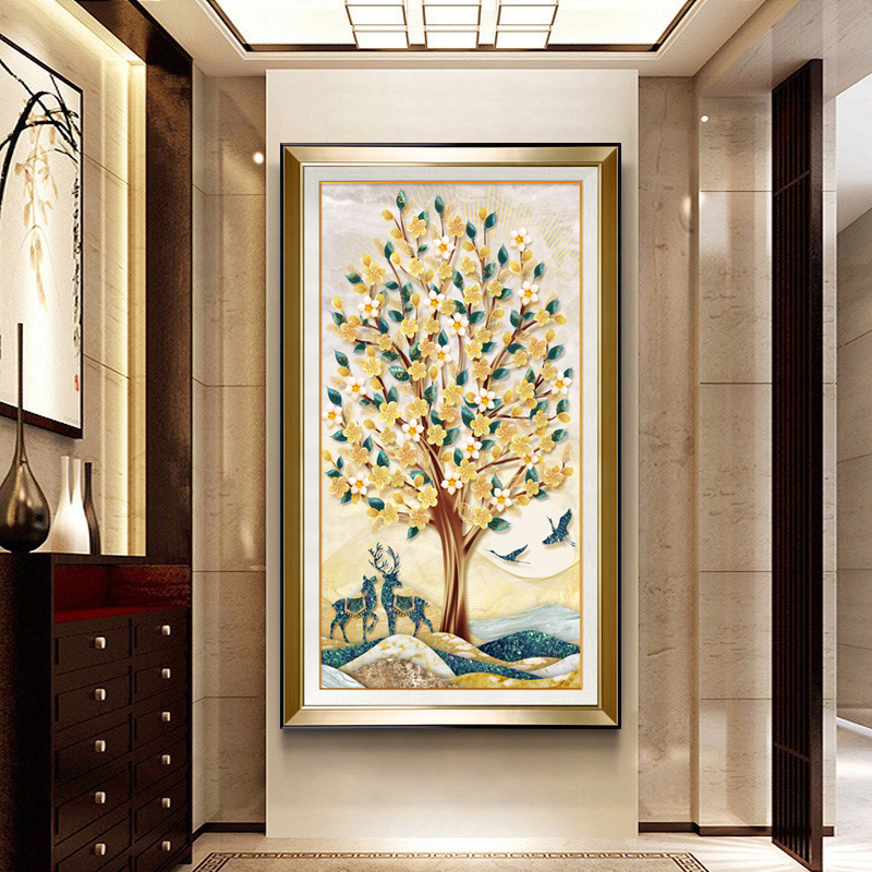 欧式玄关装饰画美式背景入户走廊过道墙画竖版R挂画发财树轻奢壁图片
