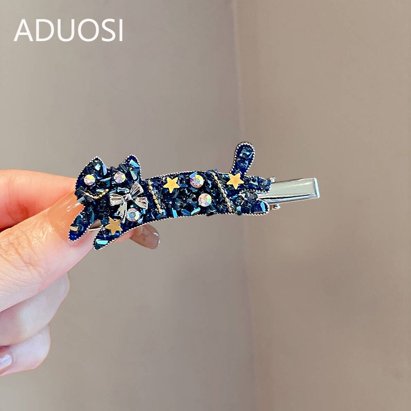 可爱蓝色水晶小猫咪发夹女刘海夹边夹鸭嘴夹高级感发饰少女发卡子