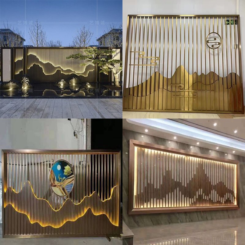 不锈钢屏风新中式假山背景墙庭院子金属格栅酒店通花镂空隔断定制