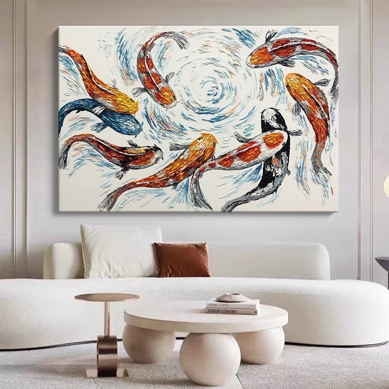 抽象九鱼图纯手绘油画q客厅聚财锦鲤装饰画卧室餐厅立体肌理挂画图片