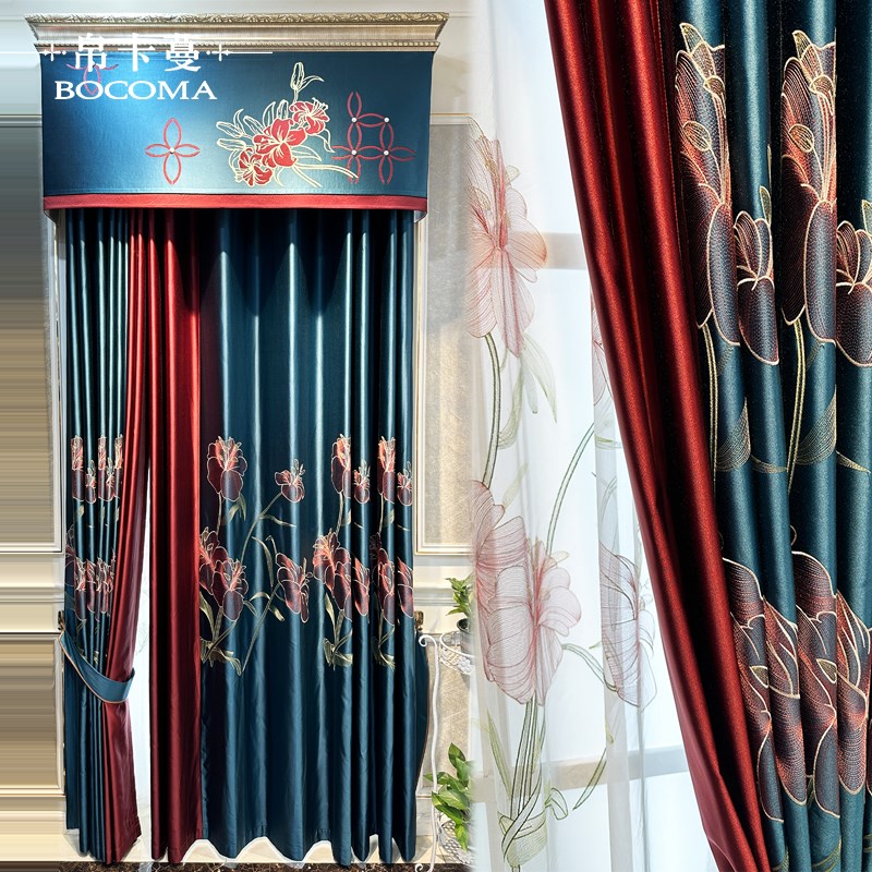 新款高档别墅美式田园中式客厅卧室遮光绣花墨绿窗帘成品定制窗纱