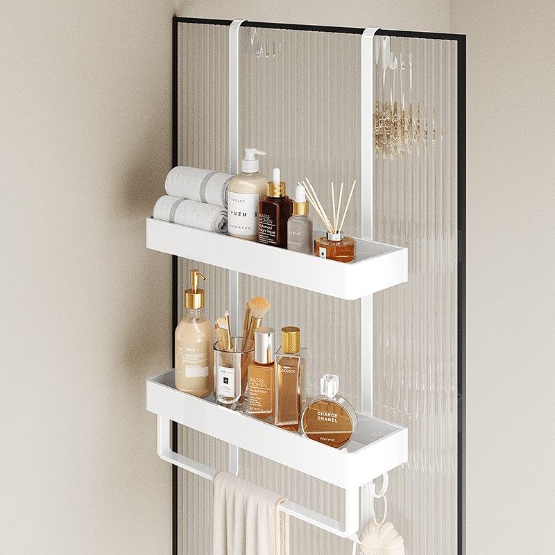 白色免打孔淋浴房置物架卫生间厕所挂钩冲凉房挂篮架毛巾杆浴巾架