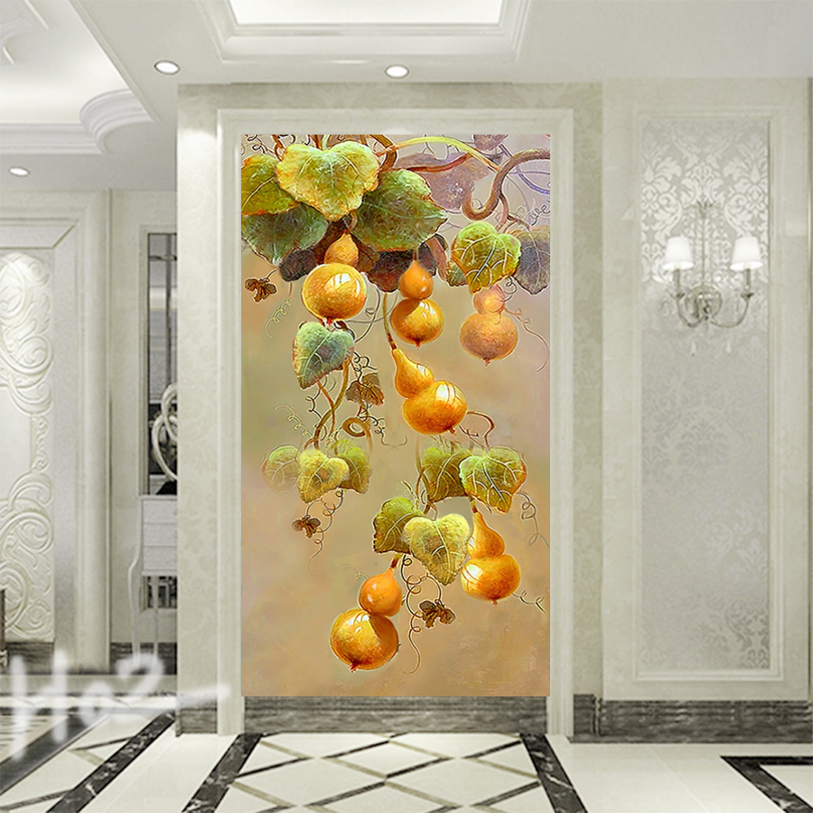 入户玄关背景墙墙纸壁纸装饰画走廊过道欧式竖版壁画葫芦五福临门