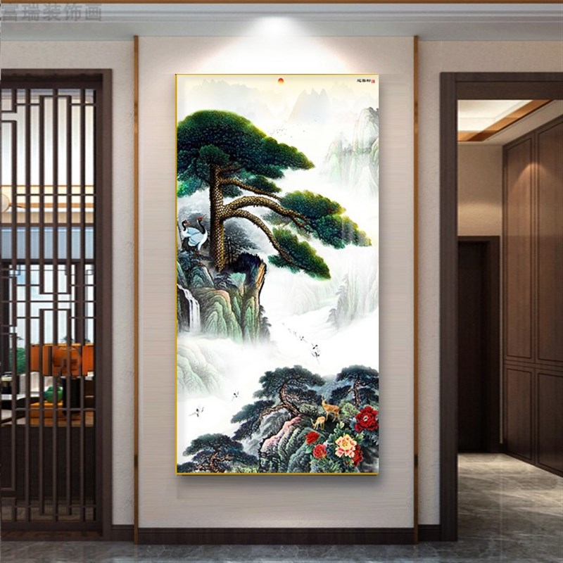 迎客松发财树新中式烤瓷玻璃带框成品玄关装饰画挂画艺术画定制画