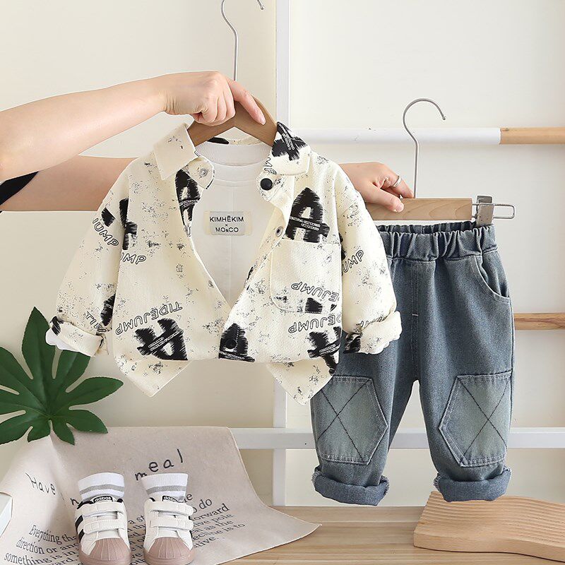 男童春秋款套装2025新款儿童洋派时髦三件套宝宝春秋季休闲潮衬衫