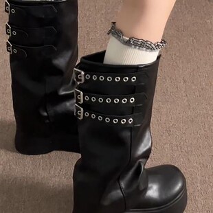 黑色高级感薄款厚底马丁靴女2025新款秋冬季显瘦增高裤管长筒靴子
