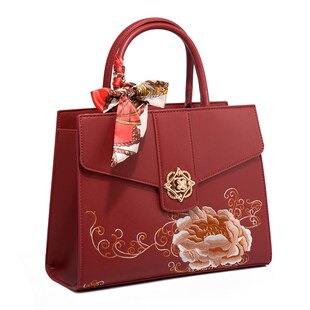 国风牡丹花刺绣红色包包女2024新娘包手提包高级感中年妈妈结婚包