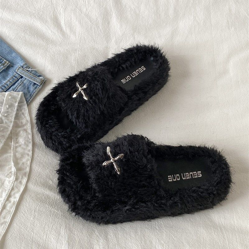 喜叔黑色厚底十字花棉拖鞋女款秋冬外穿2025新款时尚网红毛毛拖鞋