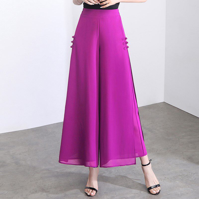 开叉盘扣雪纺阔腿裤女薄款2025夏季大码裙裤宽松显瘦垂感九分裤