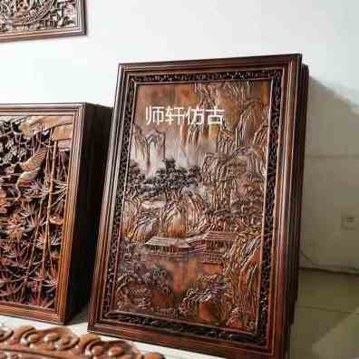 新品新款迎客松实木雕花板手工浮雕通花板玄关隔断背景墙